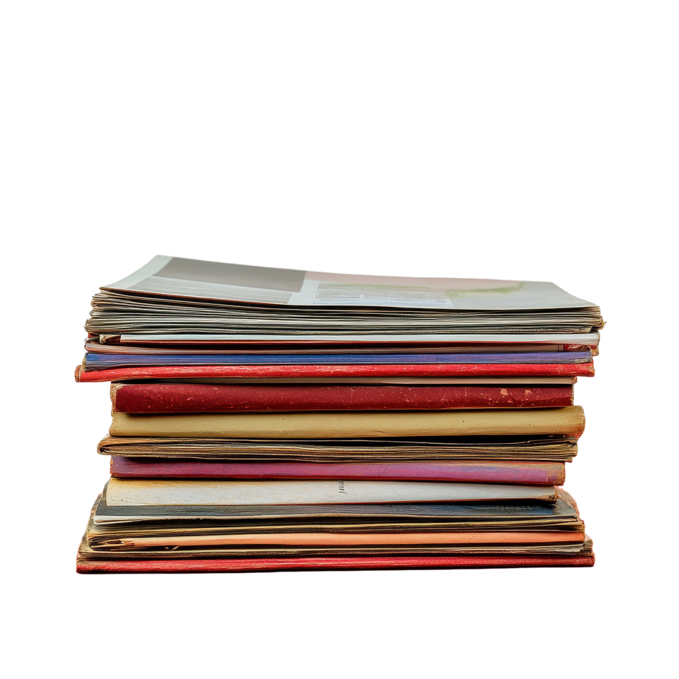 Stack of old magazines on a red table against a plain Transparent background for creative decor inspiration, stack old magazines on a red table, png