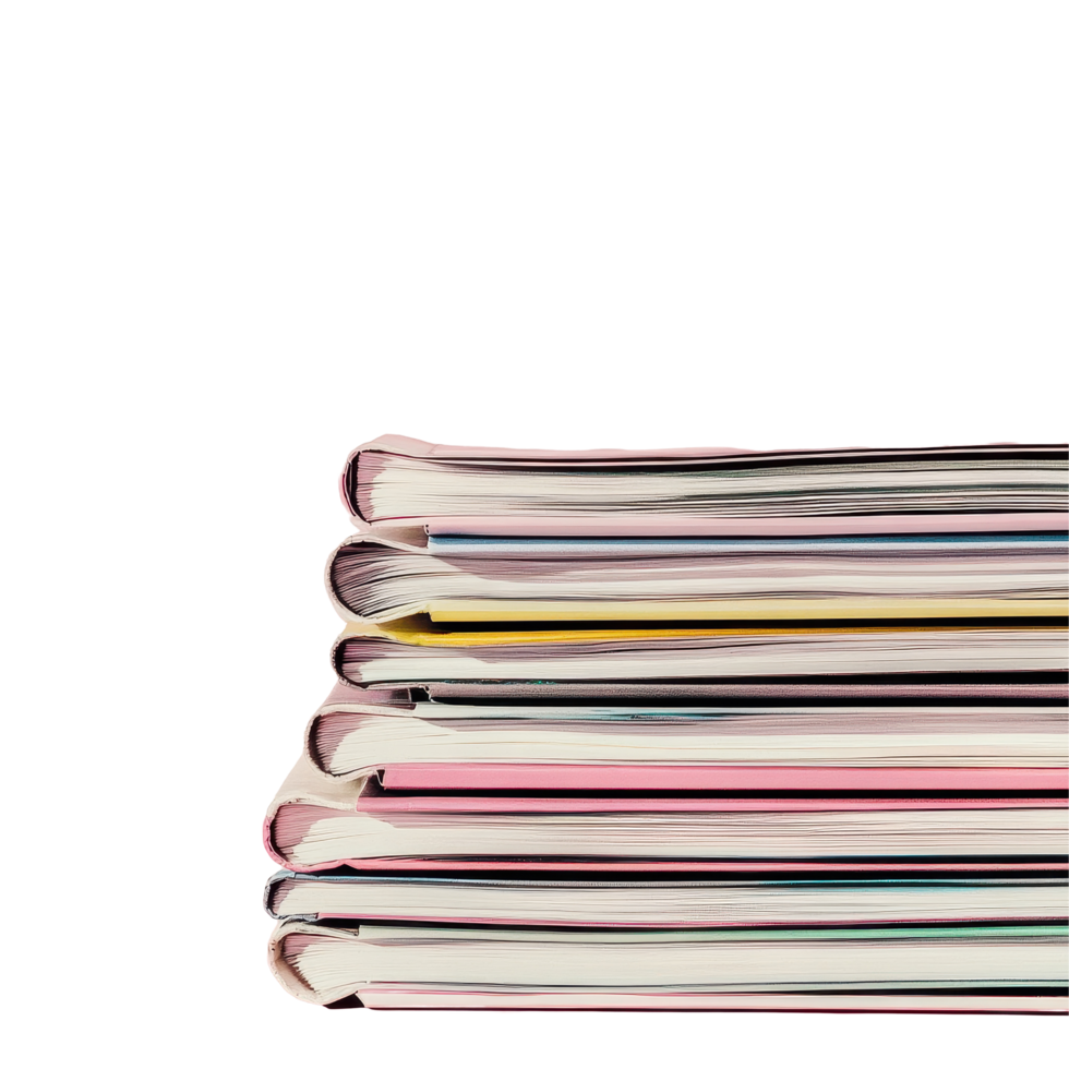 Stack of colorful magazines on a pink surface against a Transparent background, stack magazines on a pink surface, png