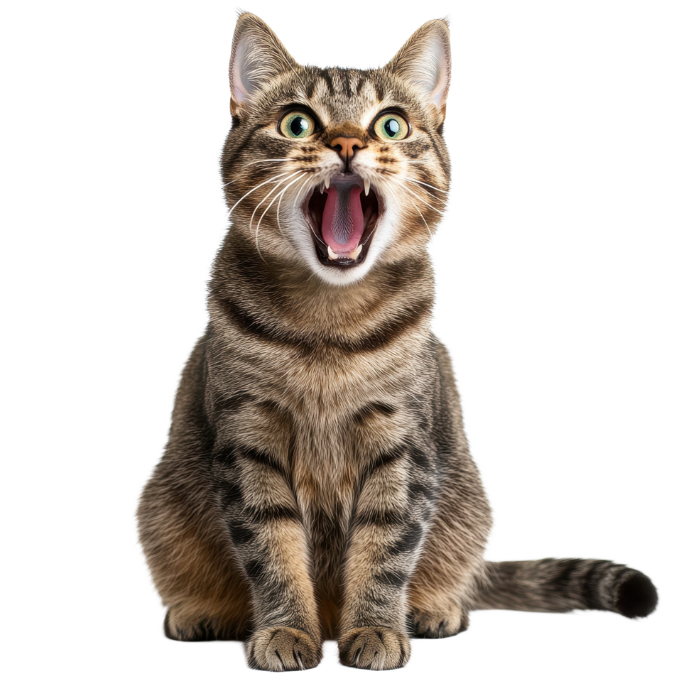 Startled tabby cat with open mouth showing alert expression in bright setting, Startled Tabby Cat with Open Mouth and Alert Expression or scared cat, Transparent background png