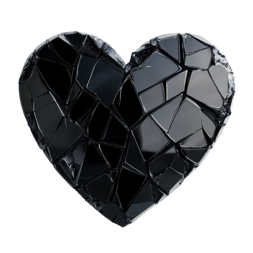 Symbol of heartbreak represented by a shattered black heart displayed on a Transparent background, Shattered Black Heart Symbolizes Heartbreak, background png