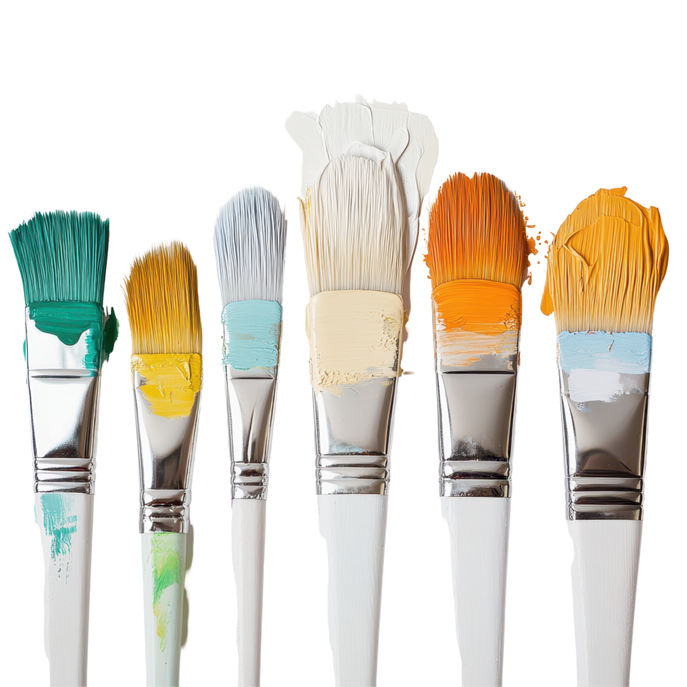 Row of vibrant paint brushes displaying colorful paint strokes on a white canvas, row paint brushes with different colors paint, Transparent background png
