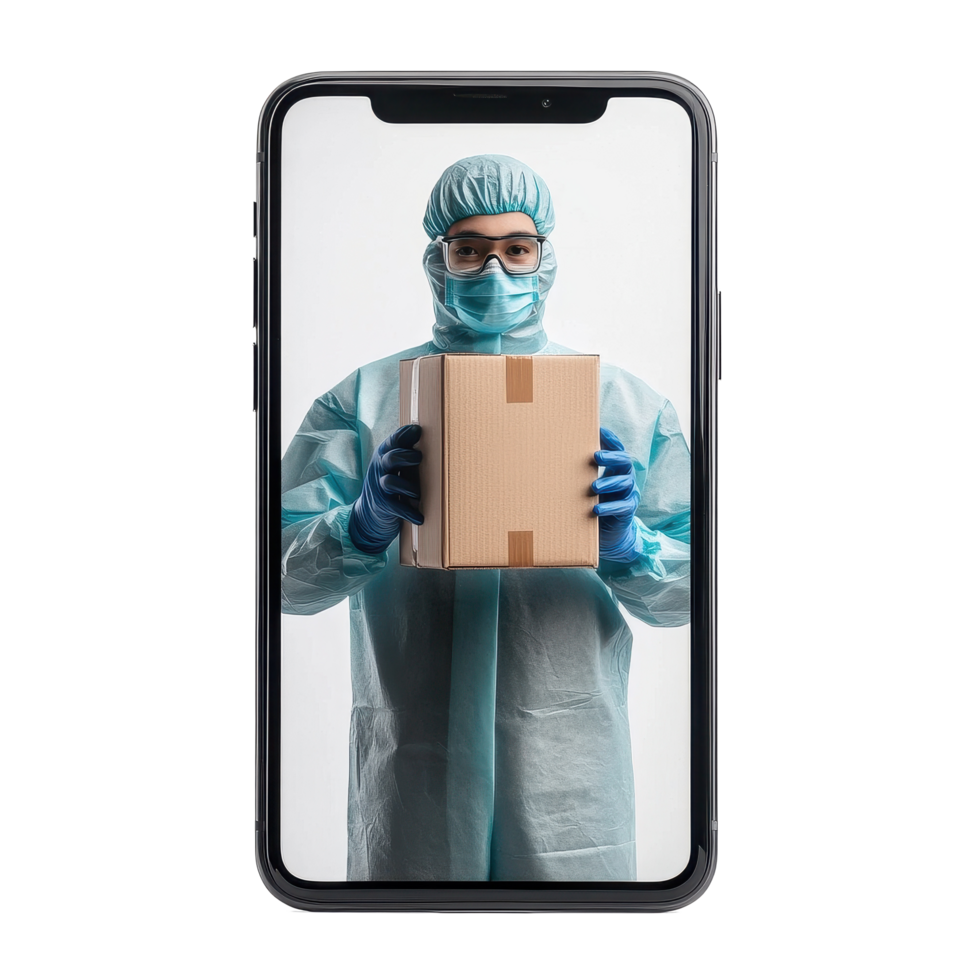 Delivery person wearing protective gear holds a package in front of a Transparent background, background a delivery person with a box on a smartphone screen on isolated png