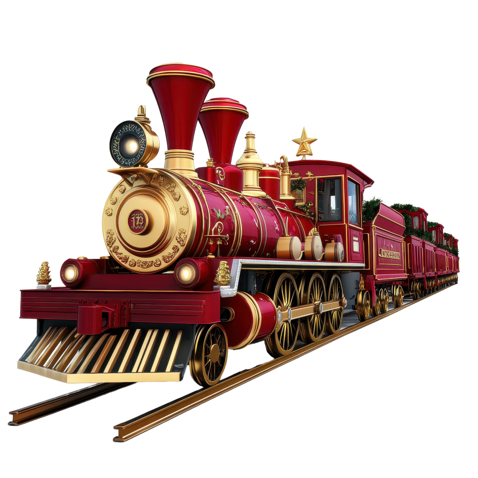 Realistic red and gold train adorned for the holidays on a Transparent background highlighting festive spirit, santa's train realistic on png