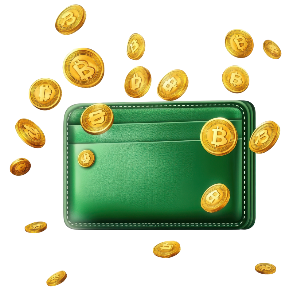Green wallet with flying golden coins on a Transparent background creates an attractive visual representing wealth, background a green wallet with flying golden coins on a transparent background png