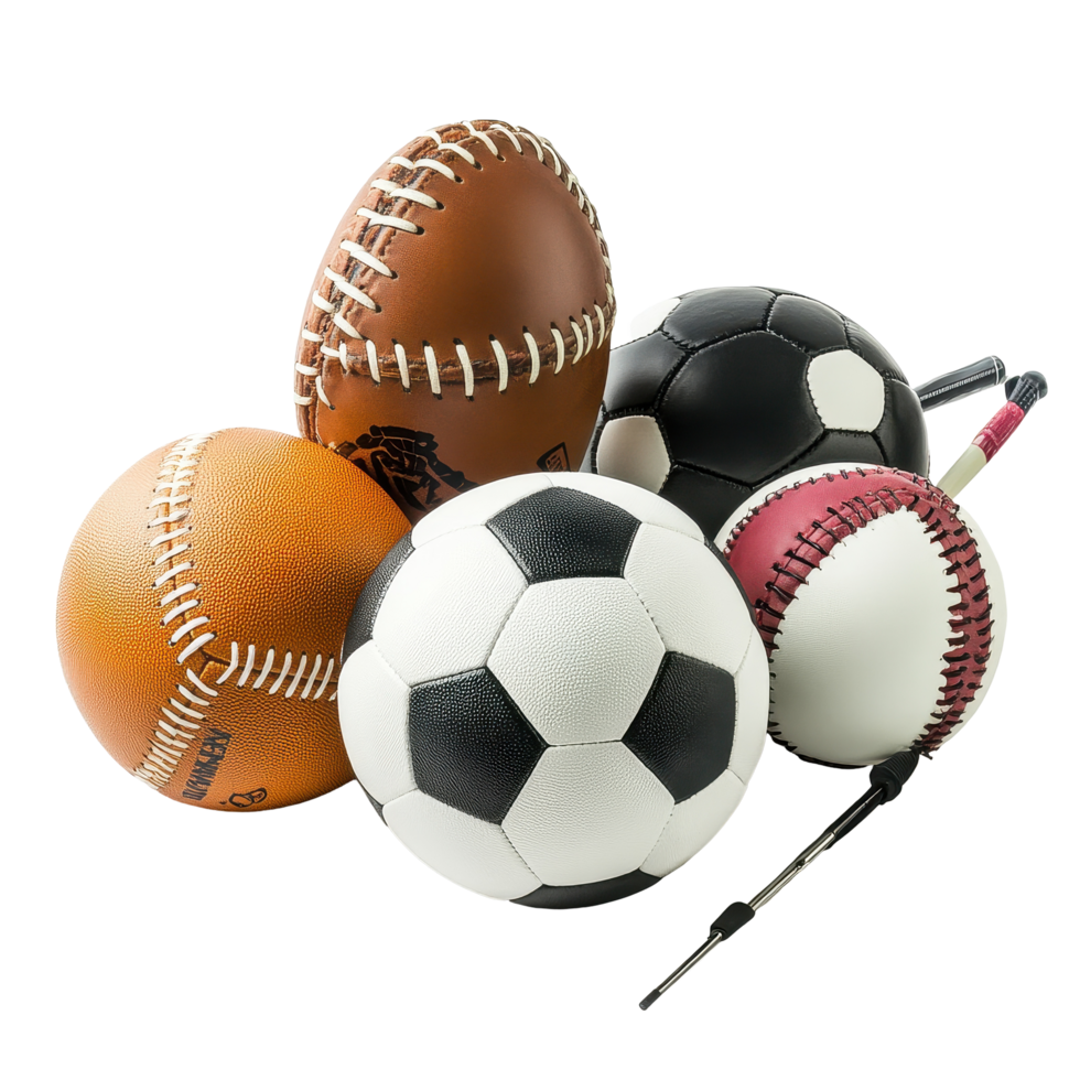 Collection of various sports balls and equipment set against a clean Transparent background, Sports Equipment isolated on background png