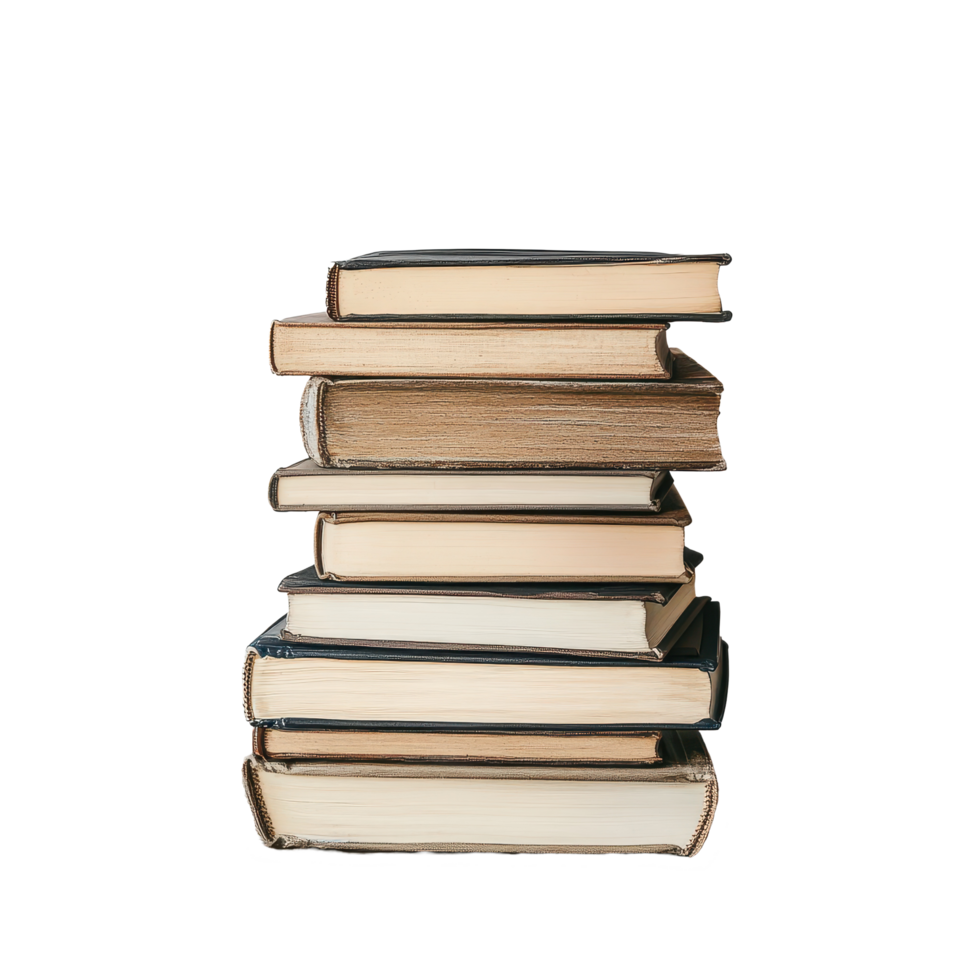 Stack of vintage books resting on a rustic wooden table against a white backdrop, stack books sitting on a wooden table, Transparent background png