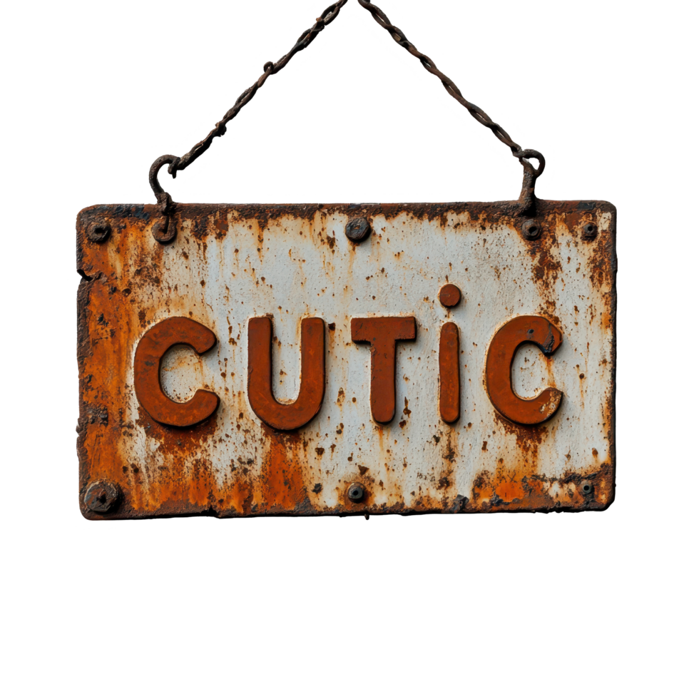 Rusty sign with the word cutic hanging on a weathered wall in an industrial area, rusty sign with the word cutic hanging on a wall, Transparent background png