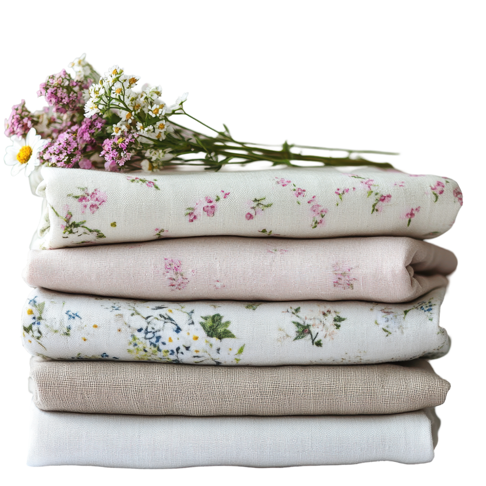 Stacked folded cloths adorned with delicate flowers on a neutral backdrop, stack folded folded cloths with flowers on them, Transparent background png