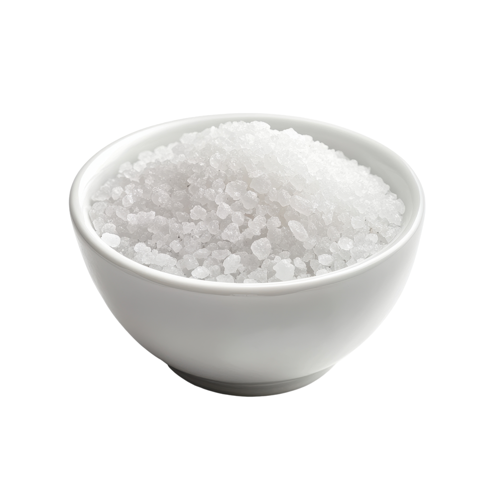 Salt in a white bowl on a clean Transparent background for culinary and design purposes, Salt in white bowl on background png