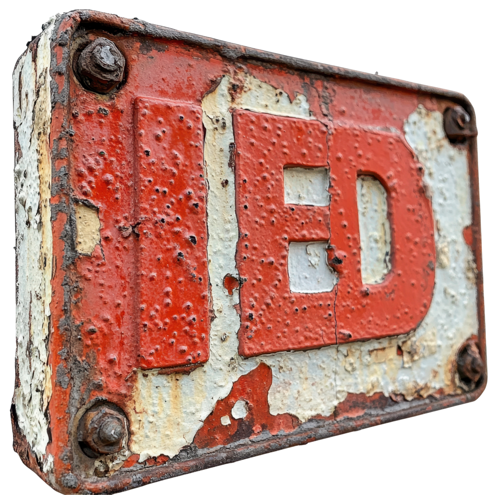 Rusty red sign displaying the word 'ED' in white letters, weathered and aged with time, rusty red sign with the word i red on it, Transparent background png