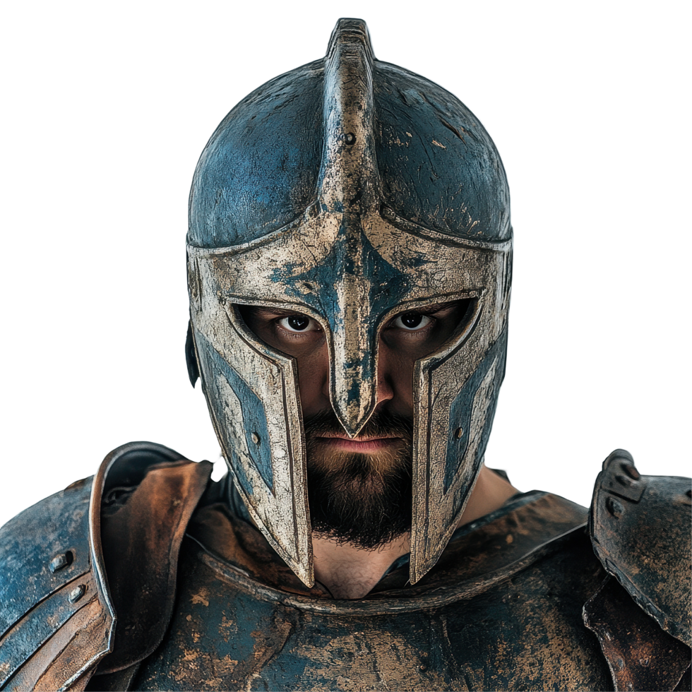 Spartan warrior in detailed armor with helmet on Transparent background, Spartan Warrior Facing the Camera on png