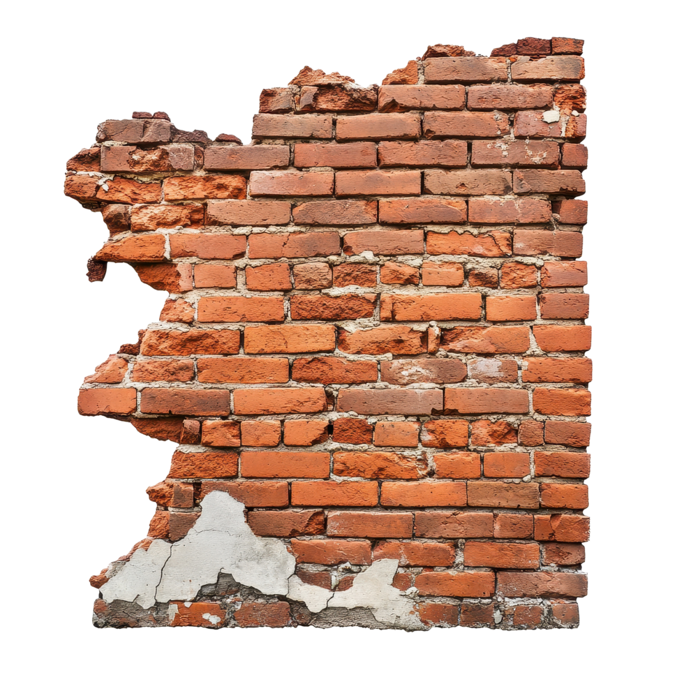 Weathered red brick wall shows signs of collapse and deterioration over time, Ruined, collapsed, cracked, or broken weathered red brick wall, isolated on White background png
