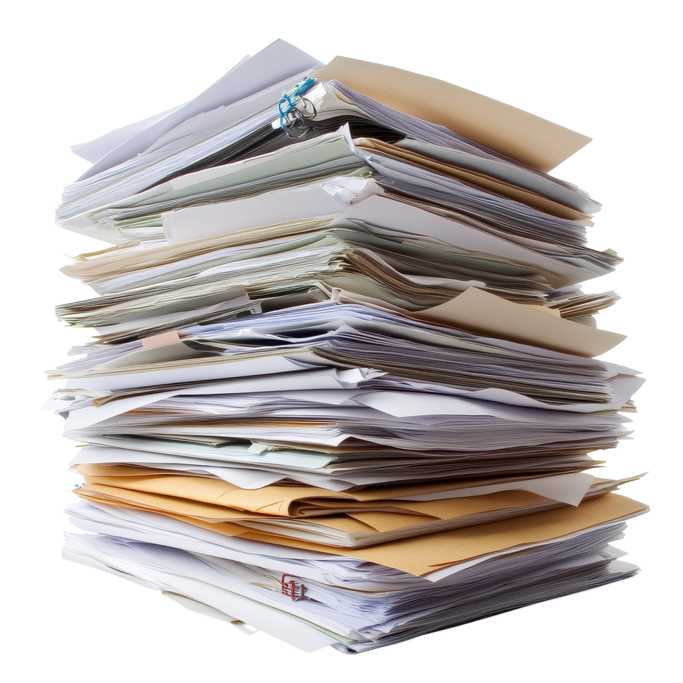 Busy stack of piled paper documents and files in a cluttered workspace environment, Stack paper documents files paperwork isolated magazines png