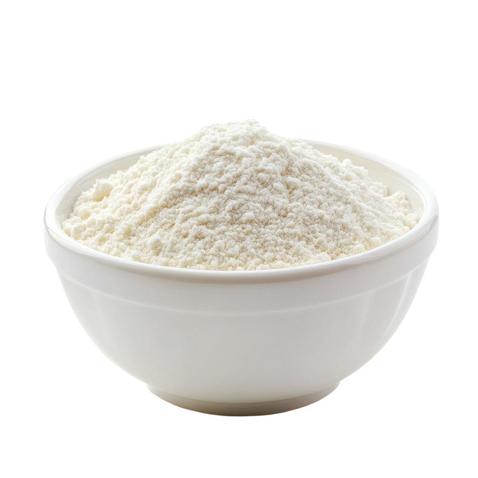 Whey protein powder in a white bowl on a plain Transparent background for fitness and nutrition, whey protein in a white bowl isolated on background png