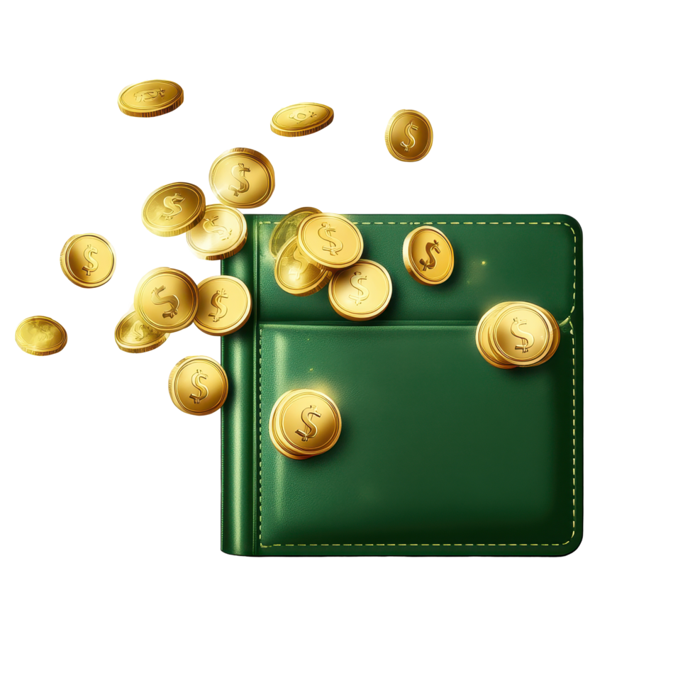Green wallet overflowing with flying golden coins against a Transparent background, background a green wallet with flying golden coins on a transparent background png