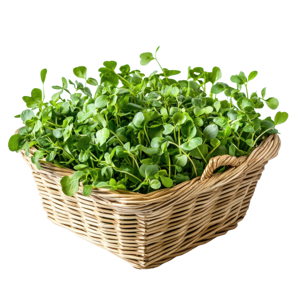 Fresh watercress in a woven basket against a clean Transparent background for culinary use, watercress in a basketisolated on background png