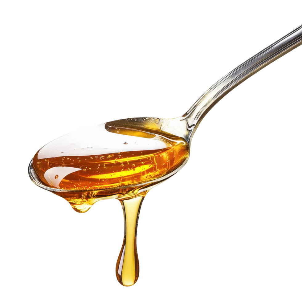 Honey drips gracefully from a spoon, capturing the essence of sweetness in a simple moment, spoon with honey on it and a liquid pouring from it, Transparent background png