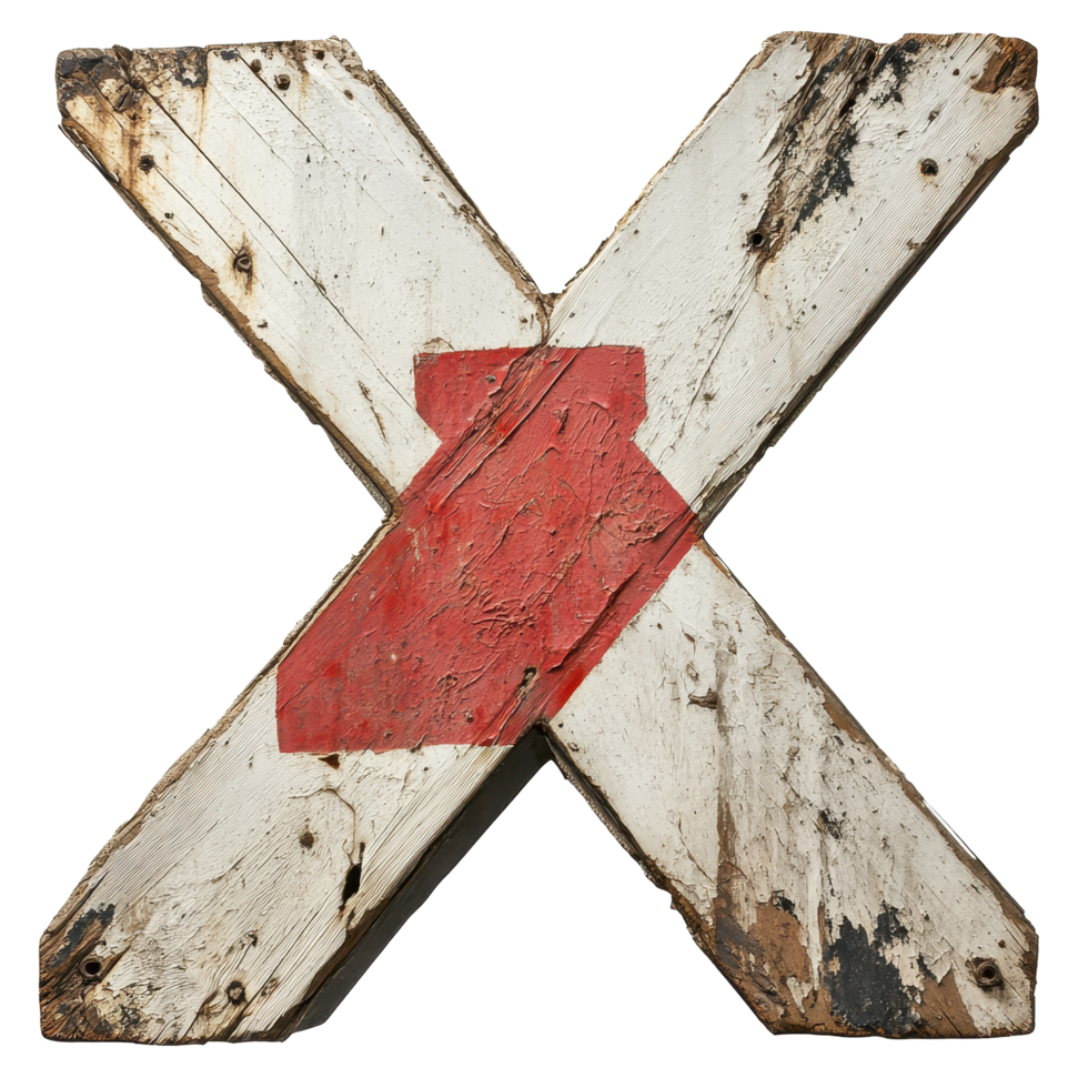 Old battered sign marked with an X, showcasing weathered wood and faded paint, X-Marked Object Interest An Old Battered Sign with a Red X on the Left, Transparent background png