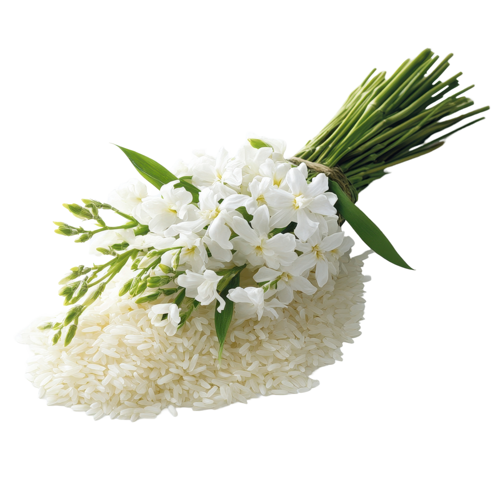 Beautiful bouquet of Thai jasmine rice complemented by delicate white flowers on a bright background, Transparent background file a bouquet Thai jasmine rice png
