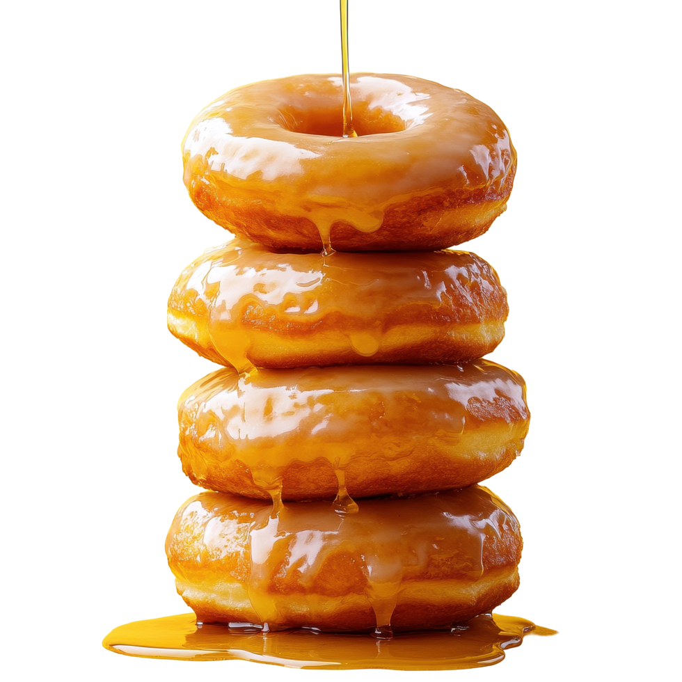 Delicious glazed donuts stacked high with syrup against a vibrant yellow background, stack glazed donuts with syrup on a yellow background, Transparent background, background png