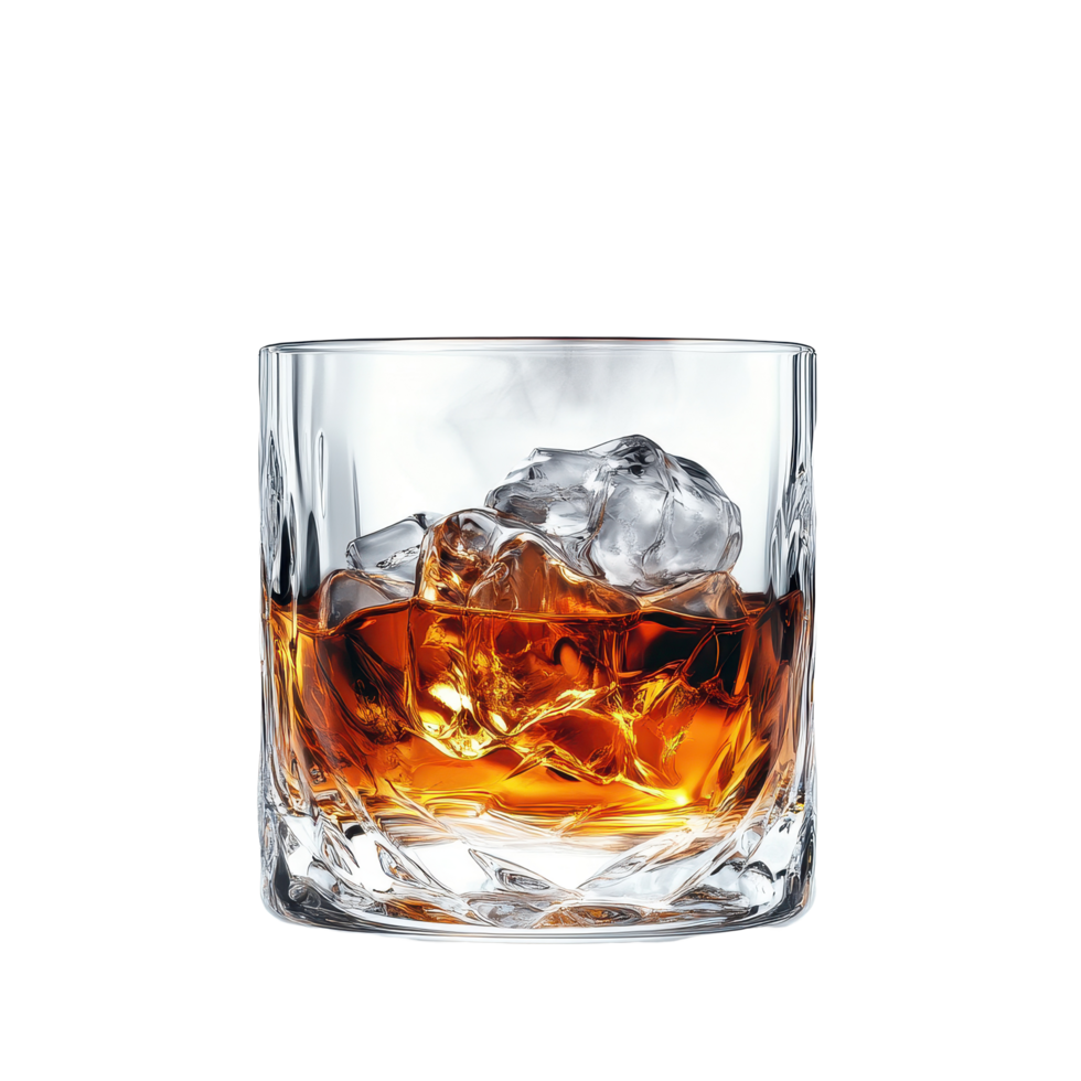 Chilled whisky in a clear glass with mist rising from ice on a bright background, Whisky water clear glass with cold wet steam and vapor in White background file png