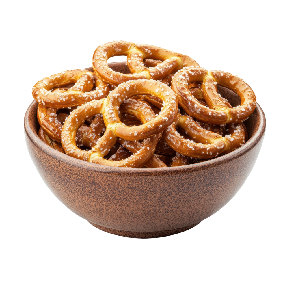 Delicious salted pretzels in a brown bowl on a plain Transparent background for snack lovers, Salted pretzels in bowl isolated on png