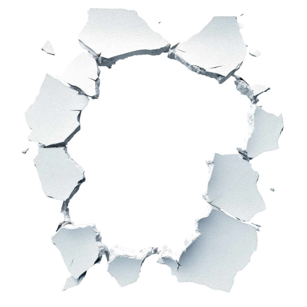 Wall torn open revealing a hole in Transparent background showcasing damage and texture details, Wall Torn Open, Revealing Hole.. png