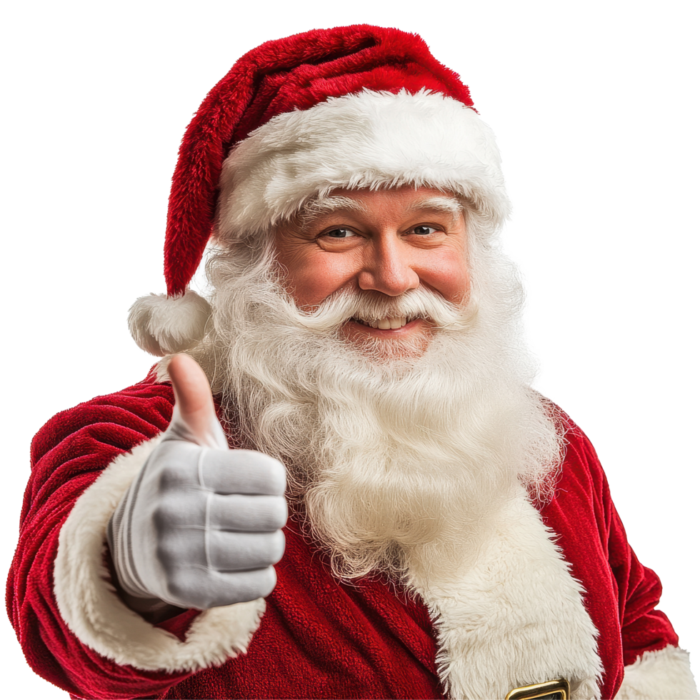 Santa Claus gives a thumbs up against a Transparent background in a cheerful display of holiday spirit, Santa claus thumb up, background png