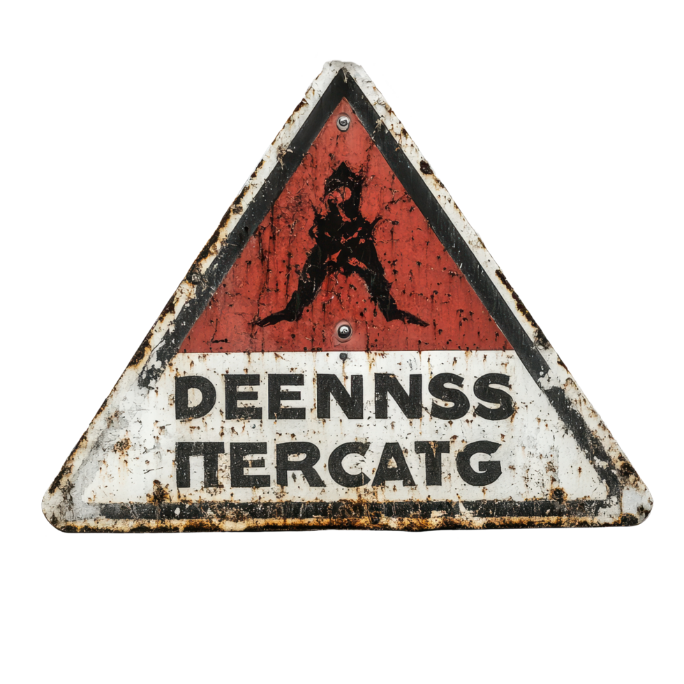 Warning sign indicating danger in a rundown area with faded text and a caution symbol, sign that says demons traction, Transparent background png