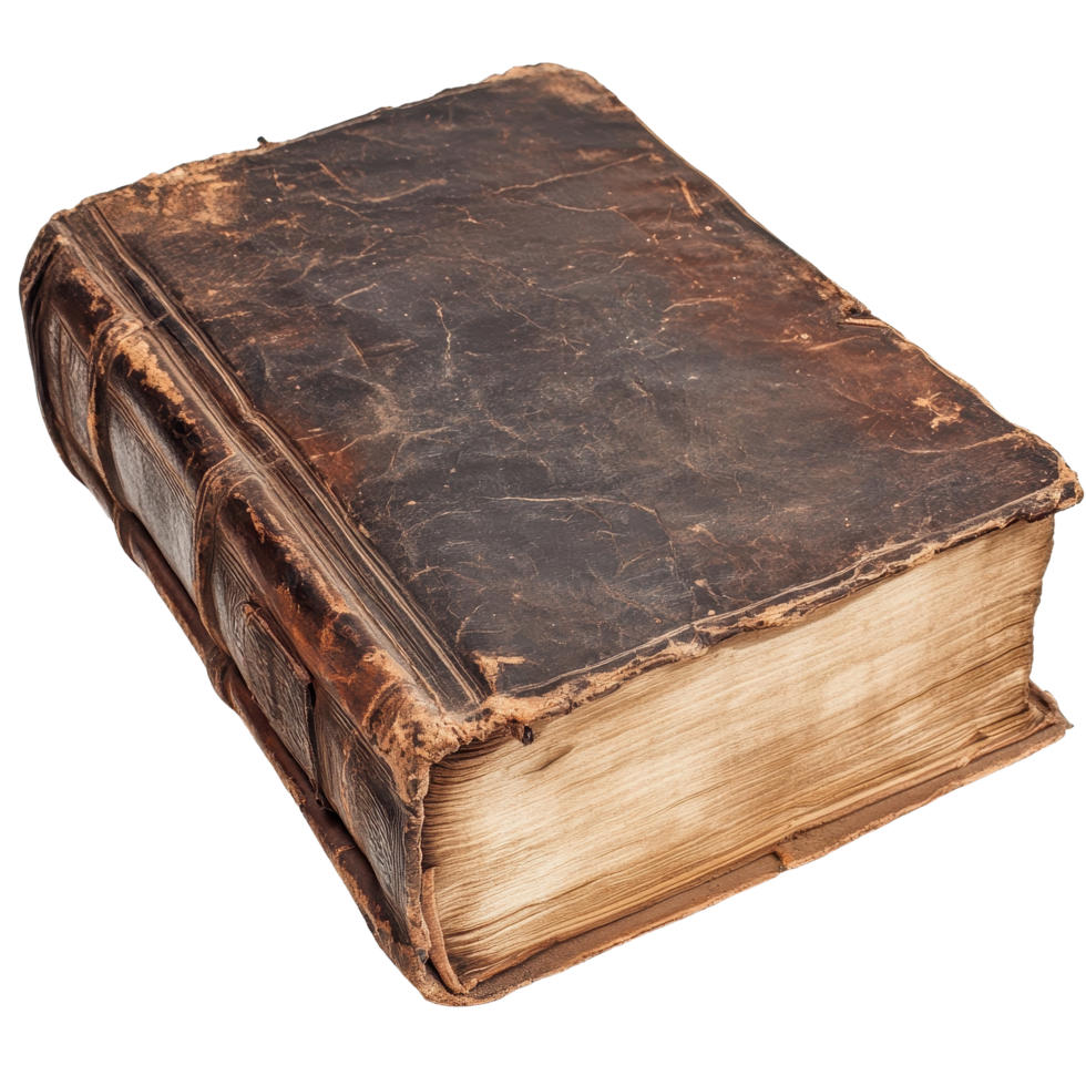 Ancient leather-bound book resting on a Transparent background showcasing its aged cover and pages, very old book with a leather cover, background png