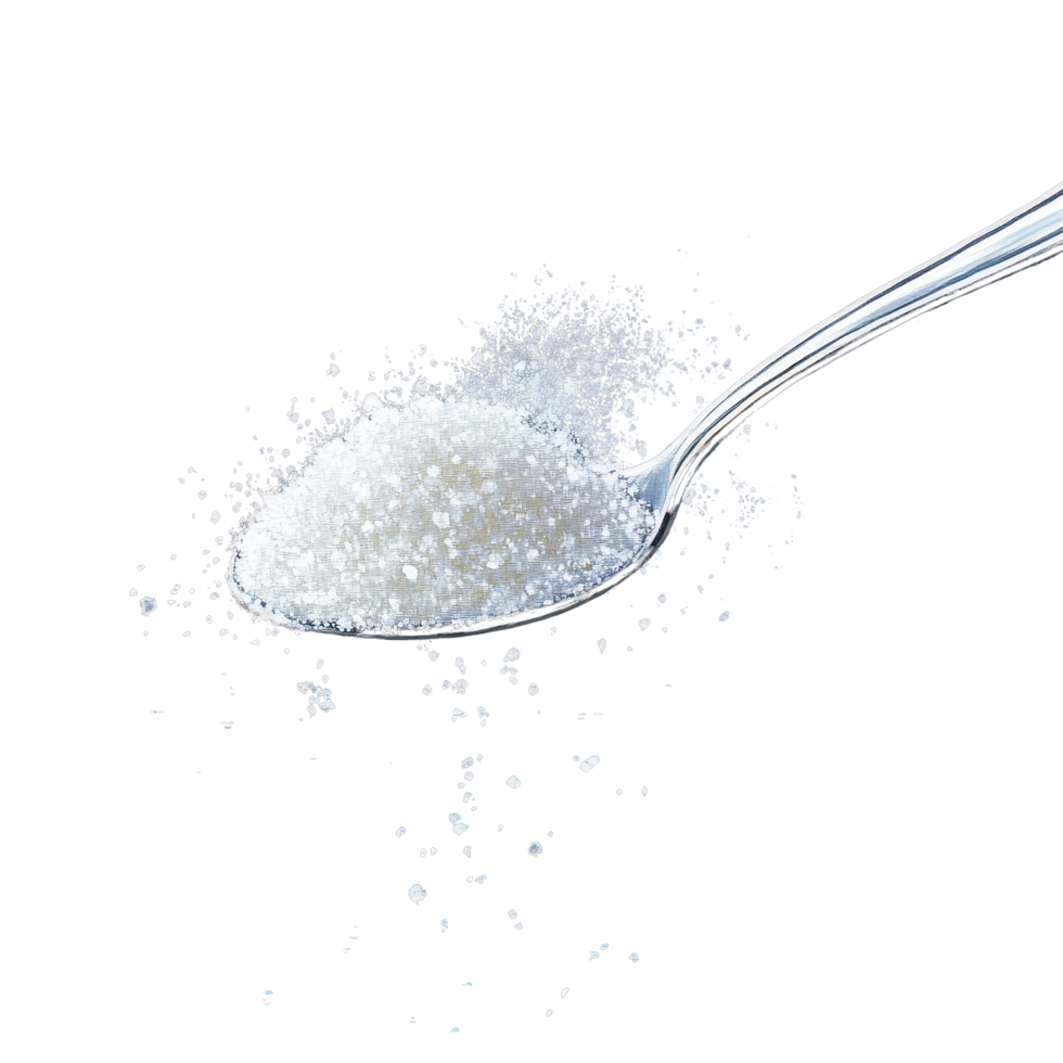 Spoon filled with sugar surrounded by a cloud of sugar particles in a dark setting, Spoon full sugar cubes png