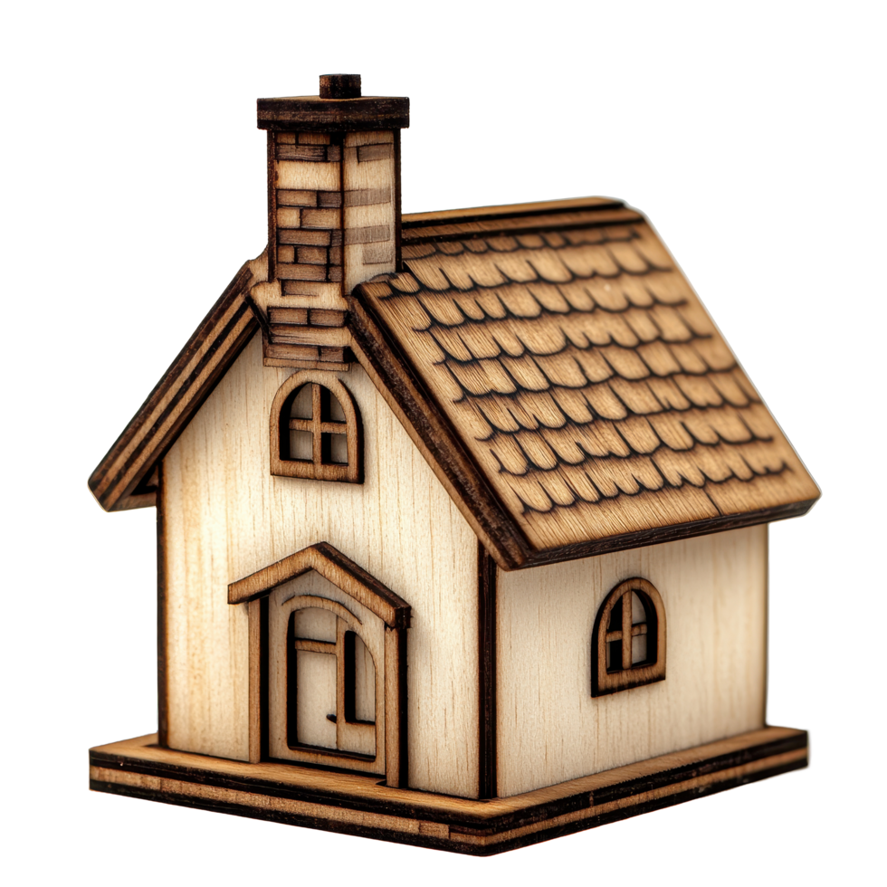 Small wooden house with chimney showcasing intricate design and craftsmanship in a cozy and inviting style, small wooden house with a chimney and a window, Transparent background png
