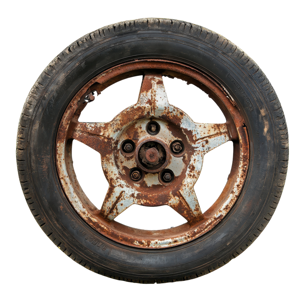 Rusted car wheel with visible spokes on a Transparent background showcases signs of age and wear, Rusted Car Wheel with Visible Spokes, background png