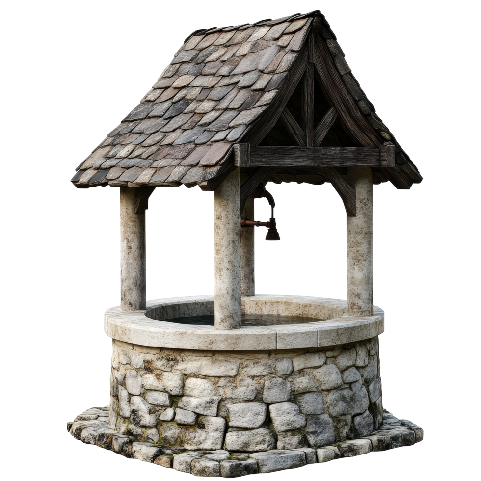 Water wells featuring rustic stonework and wooden roofs displayed against a Transparent background, water wells isolated on png