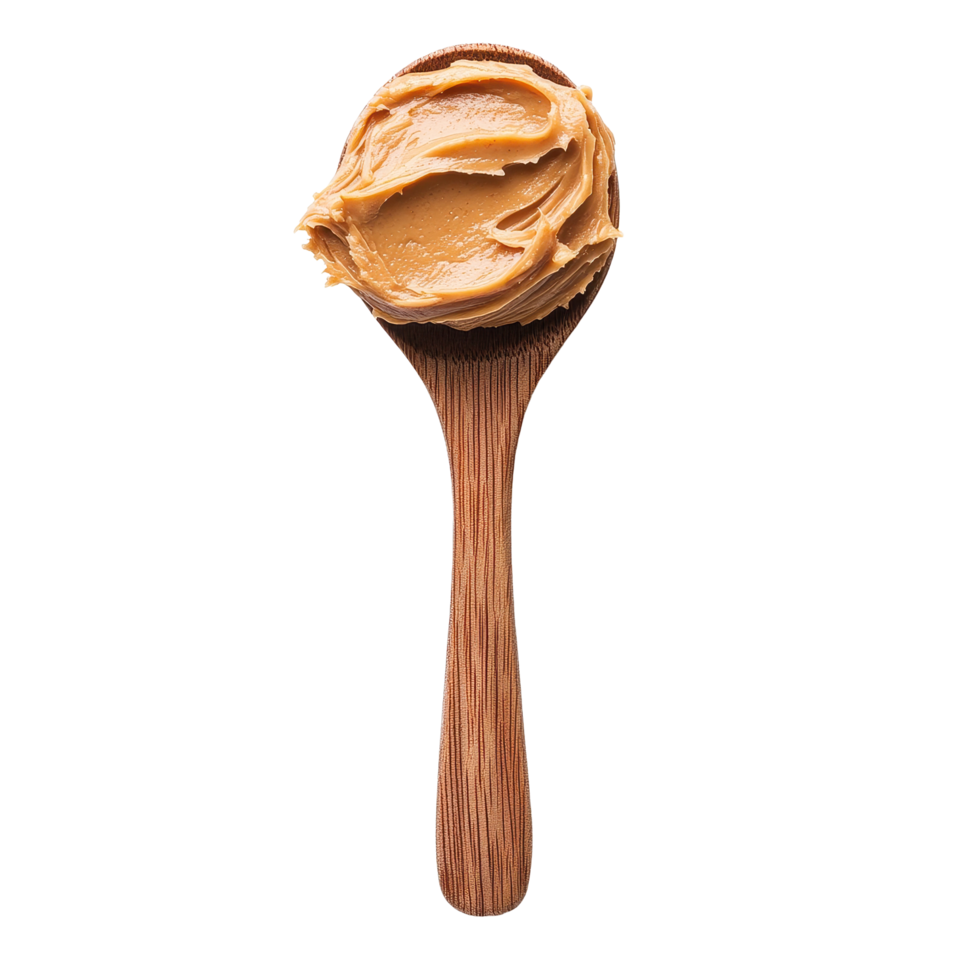 Spoon of creamy peanut butter on a wooden spoon against a Transparent background for culinary uses, Spoon peanut butter isolated on png