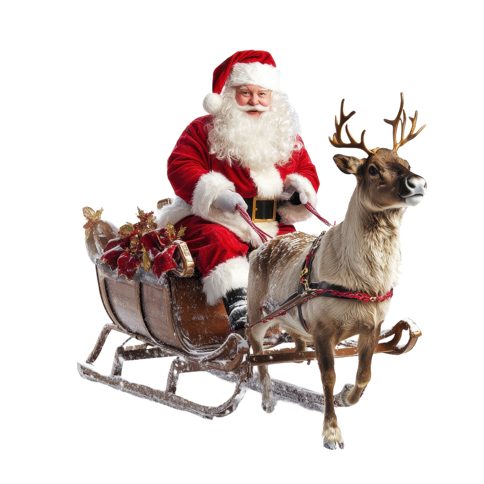 Santa Claus rides reindeer in a sleigh, spreading holiday cheer during Christmas festivities, Santa Claus with Reindeer and Sleigh Christmas Theme on Transparent background, background png