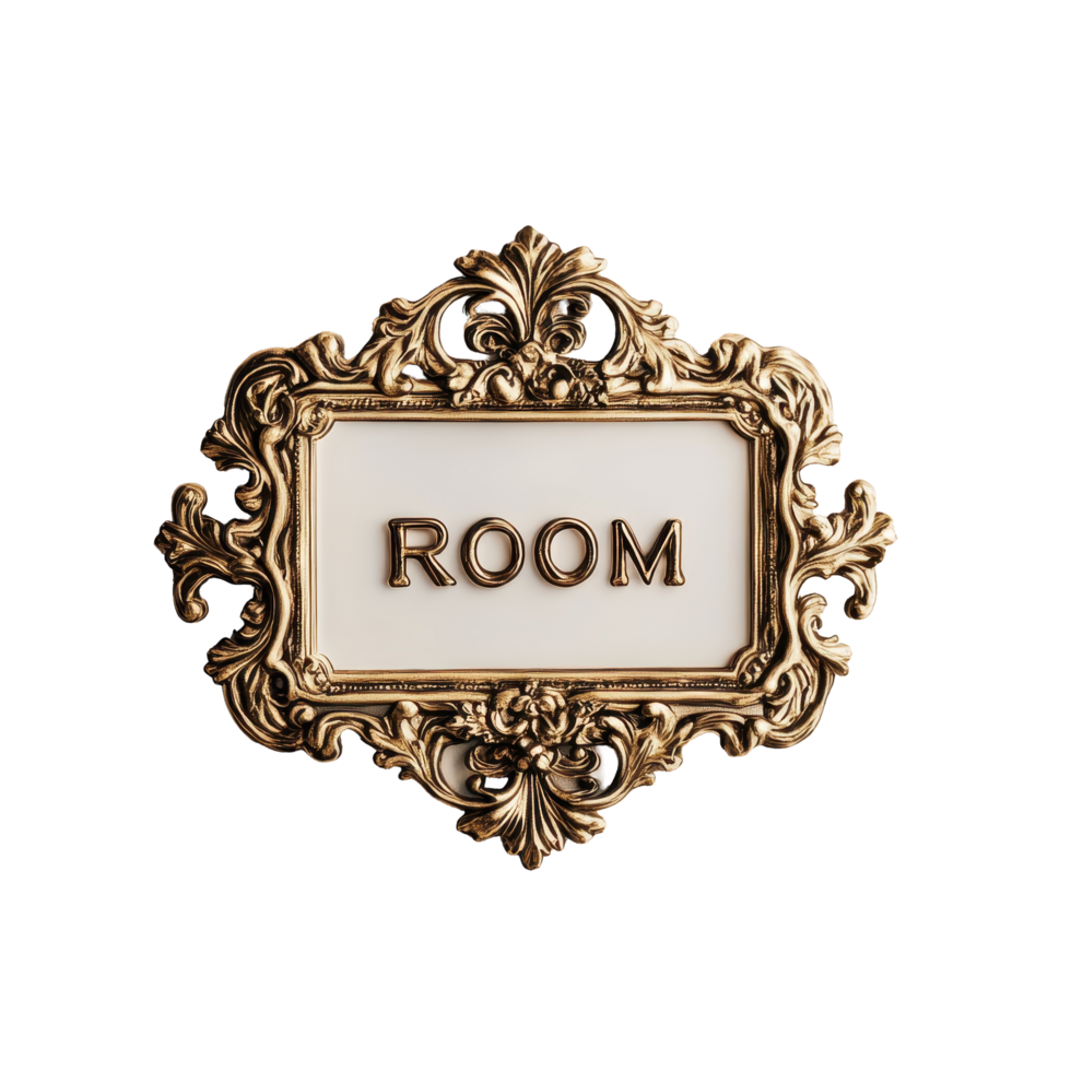 Decorative frame sign indicating room designation on a neutral wall, sign that says room with a picture frame in the middle, Transparent background png