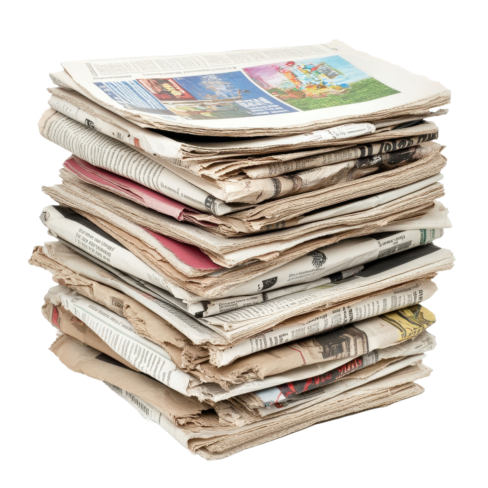 Stack of newspapers ready for recycling in a clean, organized setting, Stack newspapers recycling isolated knowledge documentation daily news png