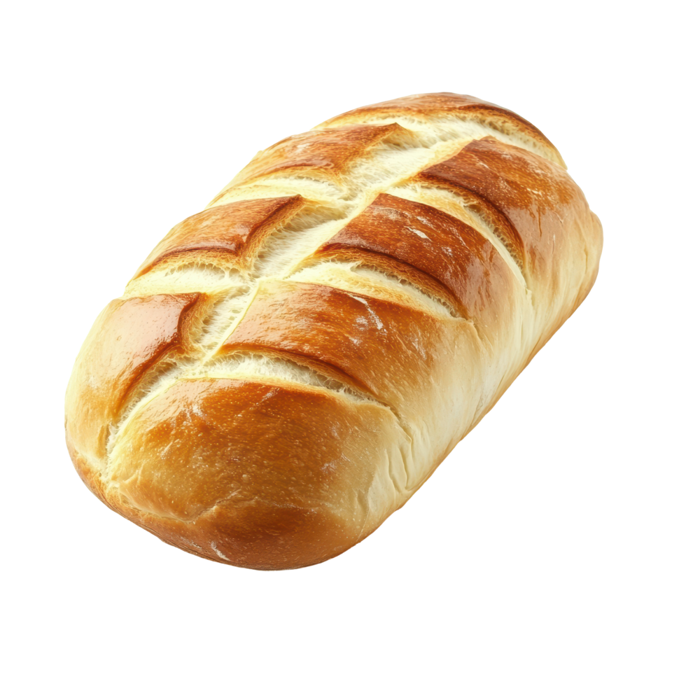 Freshly baked white bread loaf on a clean white backdrop for culinary enjoyment, White bread loaf isolated on Transparent background png