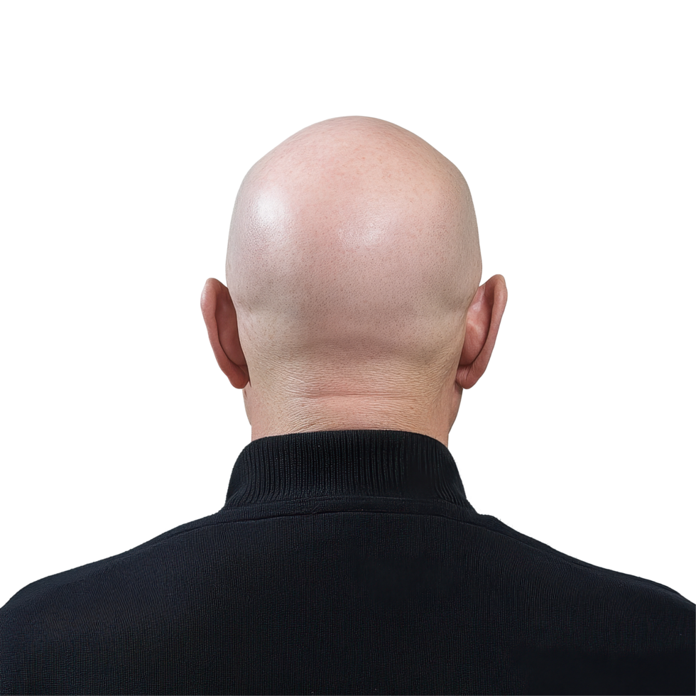 Bald man facing away against a simple Transparent background showcasing a clean and minimalist aesthetic, the back a bald man's head, background png