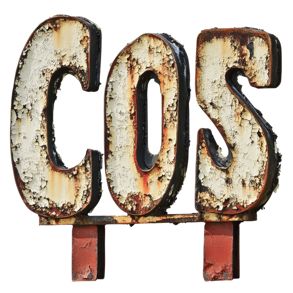 Rusty sign displaying the word cost in faded white paint against a bright background, rusty sign with the word cost painted on it, Transparent background png