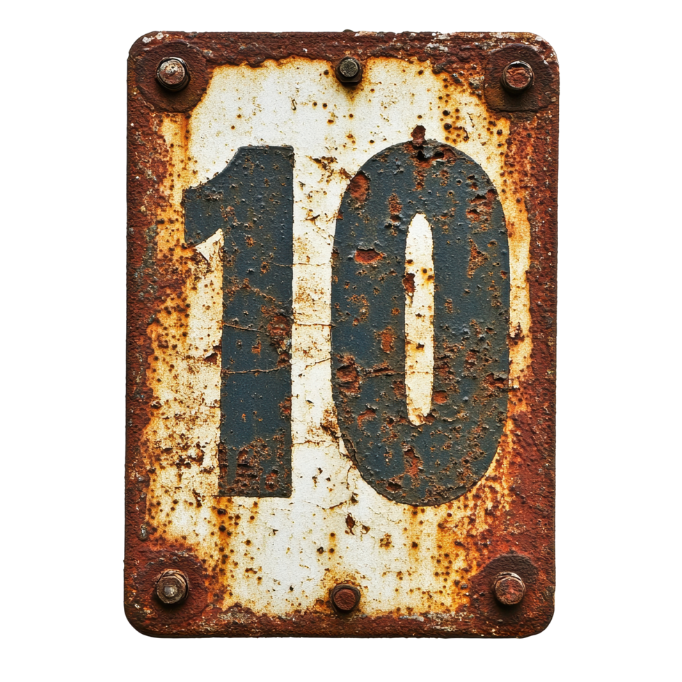 Rusty old sign with number ten indicating location or property, rusty old sign with the number ten on it, Transparent background png