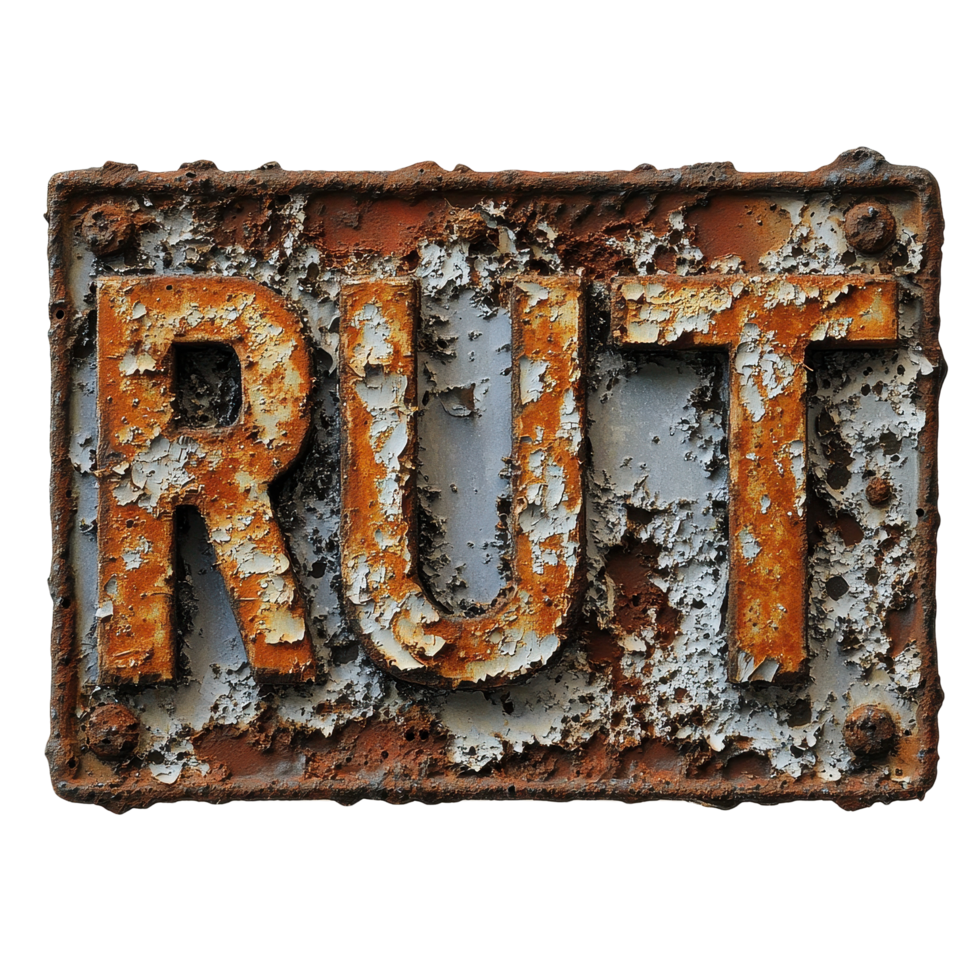 Rusty sign reading rust cast on a Transparent background showcasing weathered texture and decay, rusty sign that says rust cast on a png