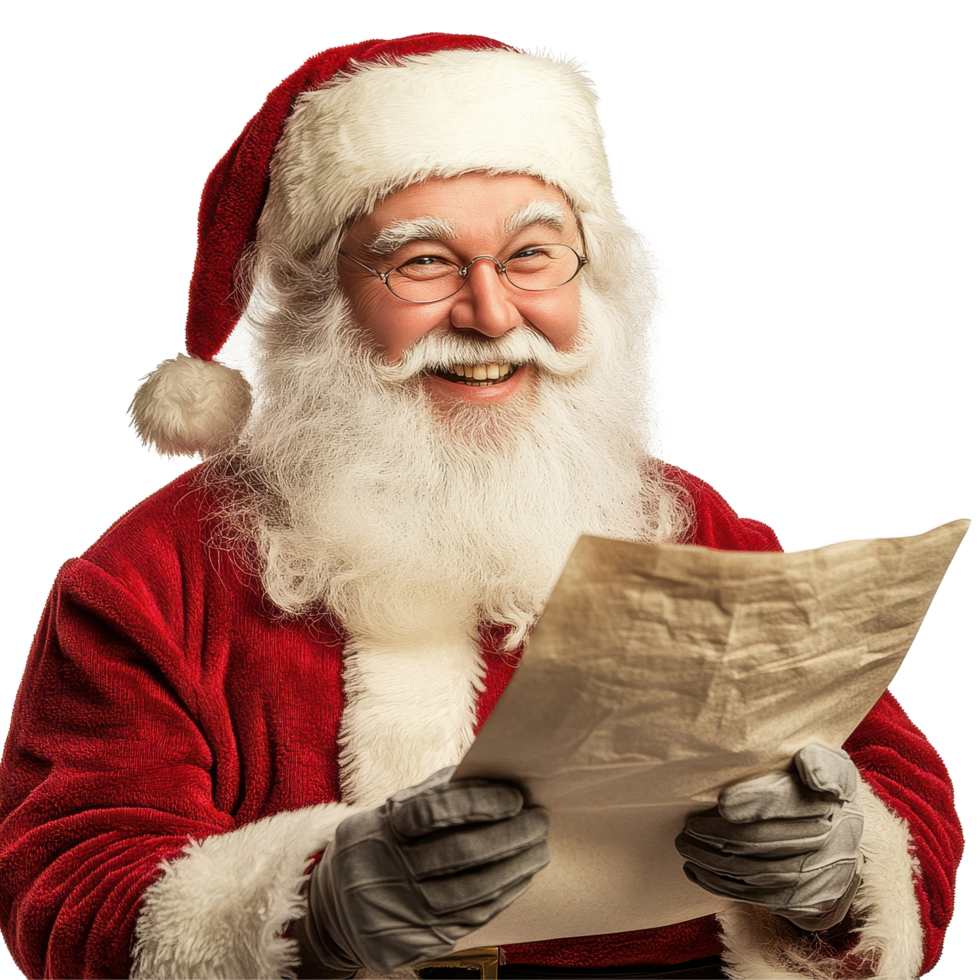 Santa Claus smiles joyfully while reading the gift list indoors during the holiday season, Santa claus smiling when reading gift list on Transparent background, background png