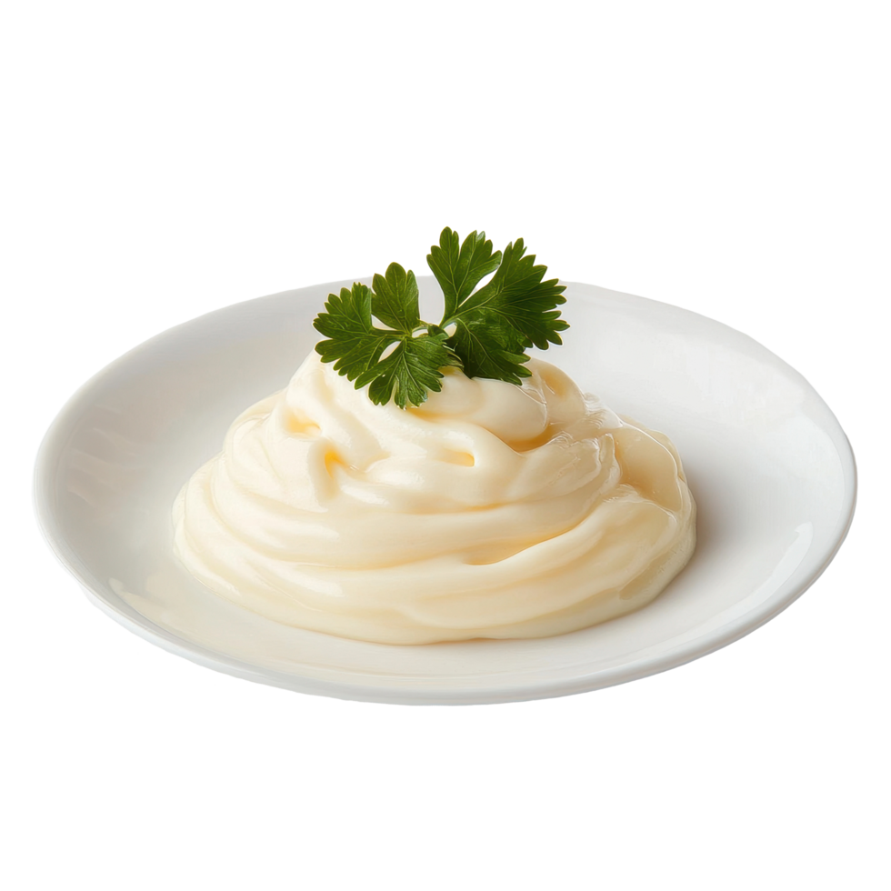White mayonnaise garnished with fresh herbs on a minimalist plate in a bright setting, Some white mayonnaise on the white plate, Transparent background png