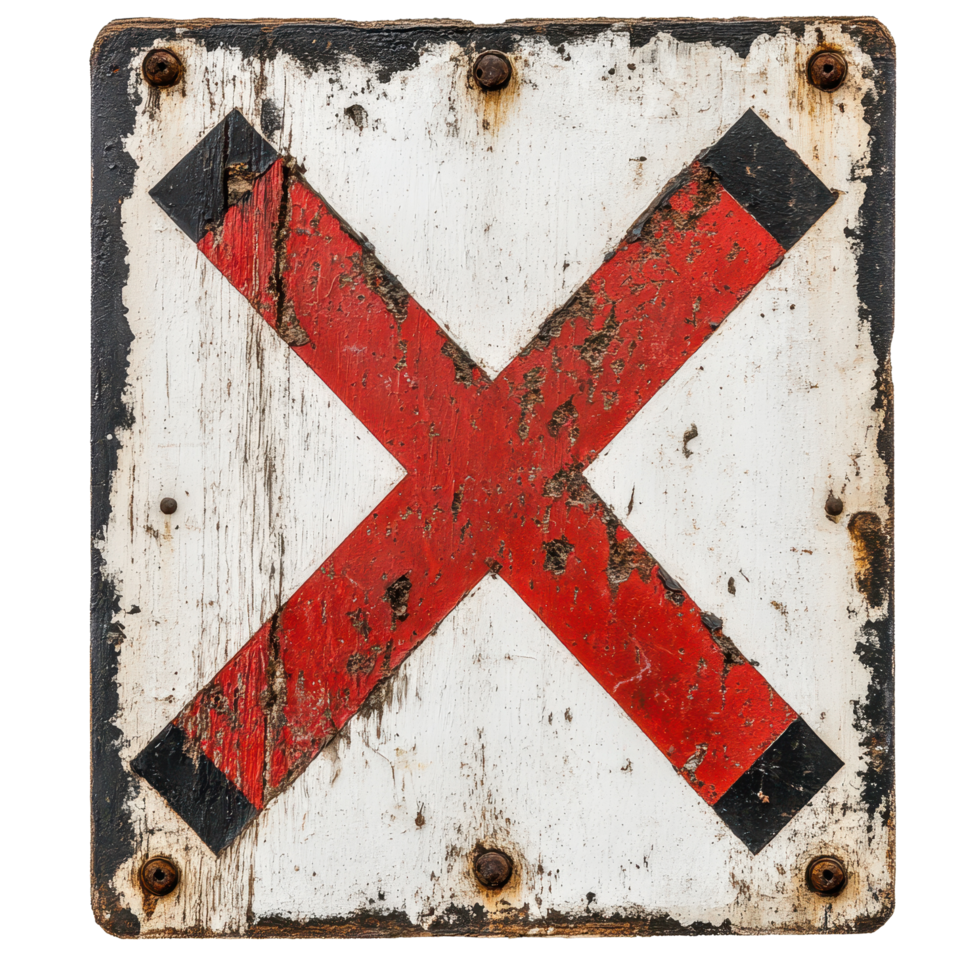 Old battered sign with red cross symbol indicating prohibition or warning in a rural area, X-Marked Object Interest An Old Battered Sign with a Red X on the Left, Transparent background png