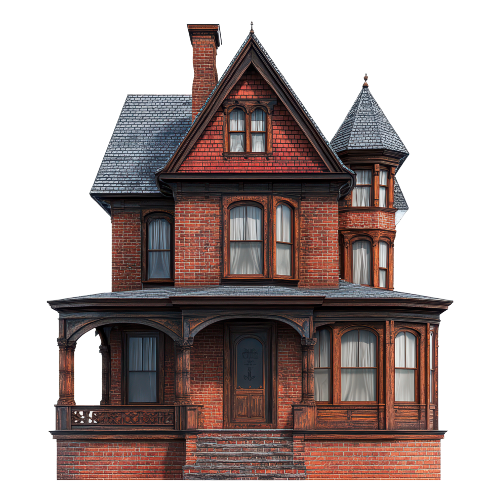 Vintage rendering of a red brick Victorian house with intricate architectural details, Vintage D Rendering a Red Brick Victorian House with Wooden Shingles and Windows, Transparent background png
