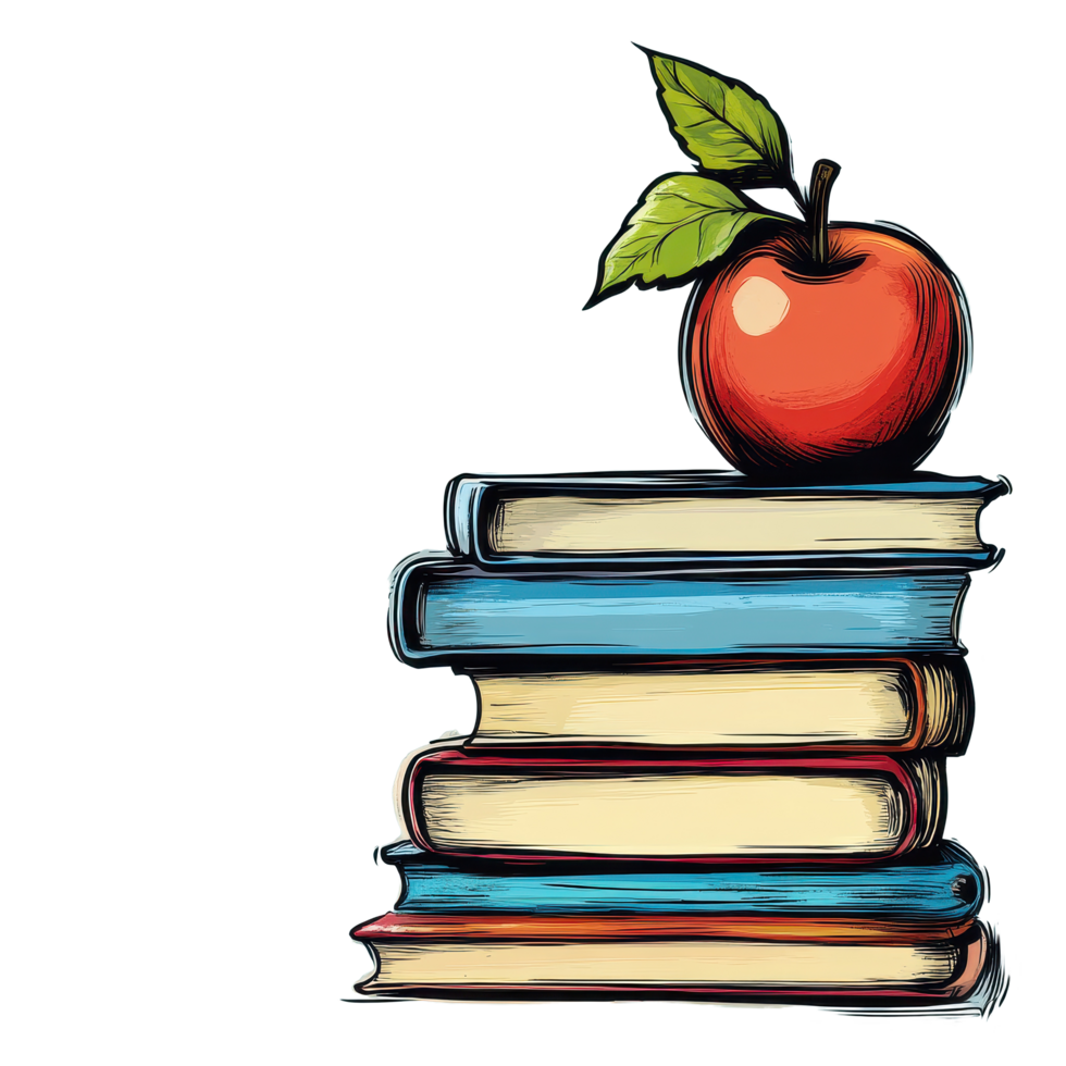 Stack of colorful books topped with a fresh apple against a light background, Stack colorful books and fresh apple with blank banner for text png