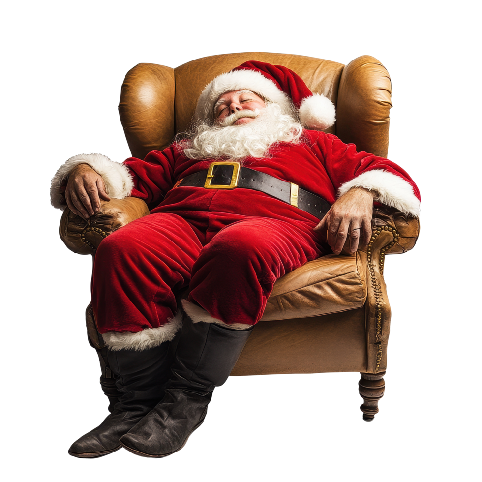 Santa Claus peacefully asleep in a cozy chair after a long night of gift deliveries during the holiday season, Santa Claus Asleep in a Chair After His Busy Deliveries on Transparent background, png