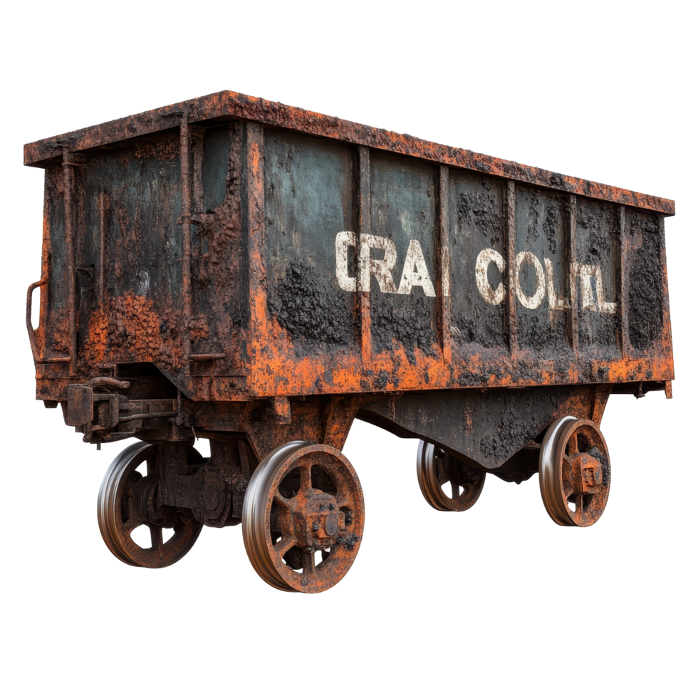 Rusty old train cart displaying coal sign in an industrial setting, rusty old train cart with coal written on it, Transparent background png